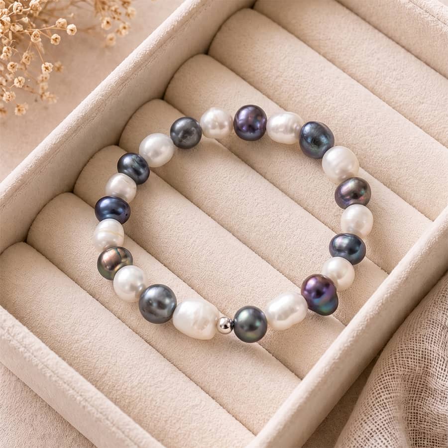 925 Sterling Silver Black White Freshwater Baroque Pearl Beaded Bracelet, 8-9mm Elastic Stretch - main