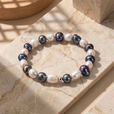 925 Sterling Silver Black White Freshwater Baroque Pearl Beaded Bracelet, 8-9mm Elastic Stretch detail 2