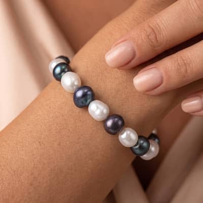 925 Sterling Silver Black White Freshwater Baroque Pearl Beaded Bracelet, 8-9mm Elastic Stretch detail 3
