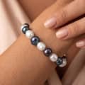 925 Sterling Silver Black White Freshwater Baroque Pearl Beaded Bracelet, 8-9mm Elastic Stretch 3