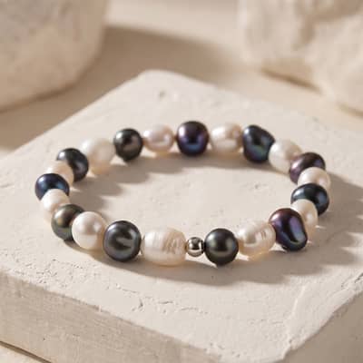 925 Sterling Silver Black White Freshwater Baroque Pearl Beaded Bracelet, 8-9mm Elastic Stretch detail 4