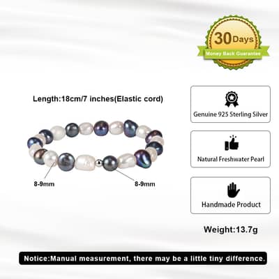 925 Sterling Silver Black White Freshwater Baroque Pearl Beaded Bracelet, 8-9mm Elastic Stretch detail 5