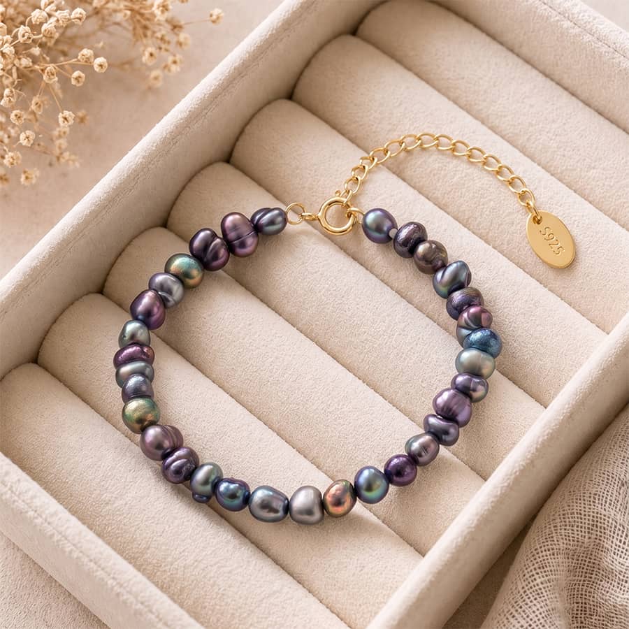 Natural Peacock Black Baroque Freshwater Pearl Bracelet, 925 Sterling Silver Daily Jewelry - main