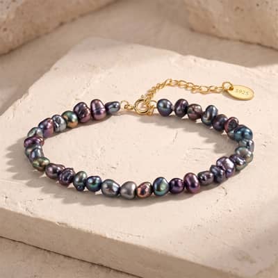 Natural Peacock Black Baroque Freshwater Pearl Bracelet, 925 Sterling Silver Daily Jewelry detail 2