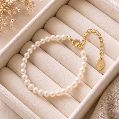 925 Sterling Silver 3.5-4mm Natural Freshwater Pearl Beaded Adjustable Bracelet detail 1