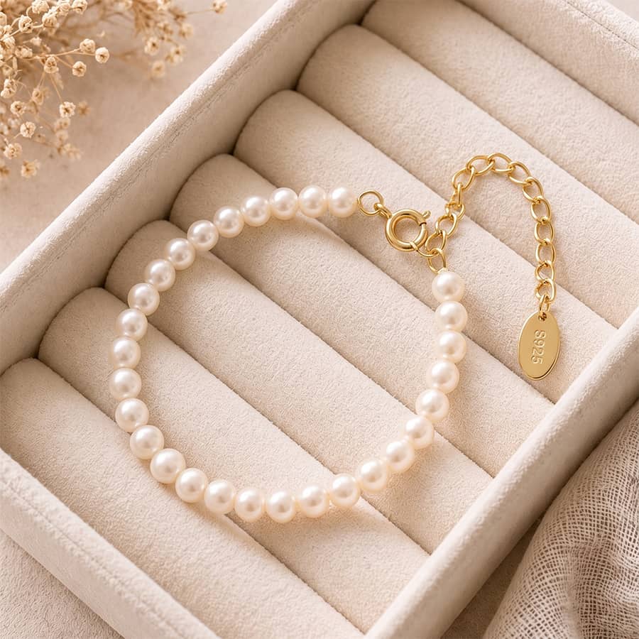 925 Sterling Silver 3.5-4mm Natural Freshwater Pearl Beaded Adjustable Bracelet - main
