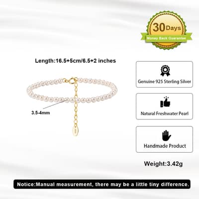 925 Sterling Silver 3.5-4mm Natural Freshwater Pearl Beaded Adjustable Bracelet detail 6