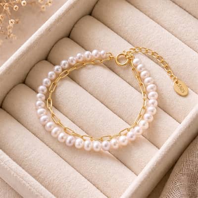 Double Layer Natural Freshwater Pearl Bracelet, 925 Sterling Silver Paperclip Link Chain detail 1