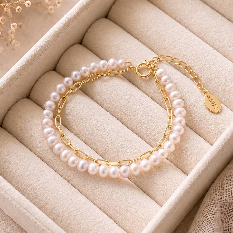 Double Layer Natural Freshwater Pearl Bracelet, 925 Sterling Silver Paperclip Link Chain - main