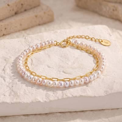 Double Layer Natural Freshwater Pearl Bracelet, 925 Sterling Silver Paperclip Link Chain detail 2