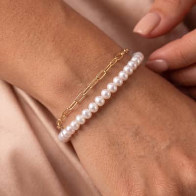 Double Layer Natural Freshwater Pearl Bracelet, 925 Sterling Silver Paperclip Link Chain detail 3