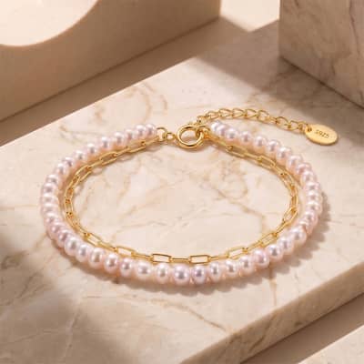 Double Layer Natural Freshwater Pearl Bracelet, 925 Sterling Silver Paperclip Link Chain detail 4