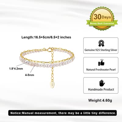 Double Layer Natural Freshwater Pearl Bracelet, 925 Sterling Silver Paperclip Link Chain detail 5