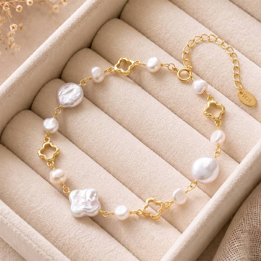 14K Gold Plated Baroque Natural Freshwater Pearl Hollow Clover Adjustable Chain Bracelet - main