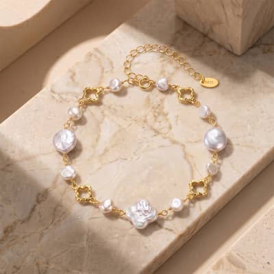 14K Gold Plated Baroque Natural Freshwater Pearl Hollow Clover Adjustable Chain Bracelet detail 4