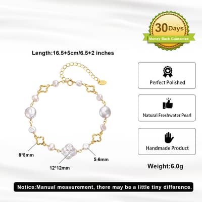 14K Gold Plated Baroque Natural Freshwater Pearl Hollow Clover Adjustable Chain Bracelet detail 5
