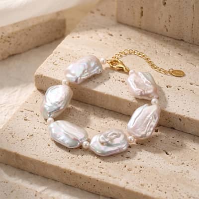 925 Sterling Silver Gold Plated Irregular Baroque Freshwater Pearl Adjustable Chain Bracelet detail 4