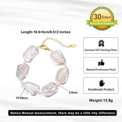 925 Sterling Silver Gold Plated Irregular Baroque Freshwater Pearl Adjustable Chain Bracelet detail 5