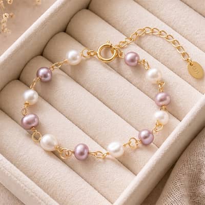 14K Gold Plated 925 Sterling Silver White Purple Freshwater Pearl Bracelet, 5-6mm Pearls Adjustable detail 1