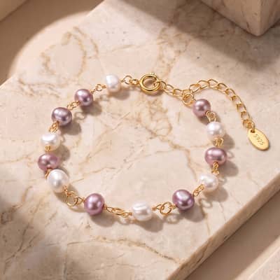 14K Gold Plated 925 Sterling Silver White Purple Freshwater Pearl Bracelet, 5-6mm Pearls Adjustable detail 2