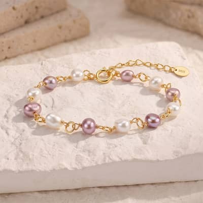 14K Gold Plated 925 Sterling Silver White Purple Freshwater Pearl Bracelet, 5-6mm Pearls Adjustable detail 4