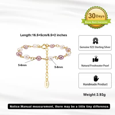 14K Gold Plated 925 Sterling Silver White Purple Freshwater Pearl Bracelet, 5-6mm Pearls Adjustable detail 5