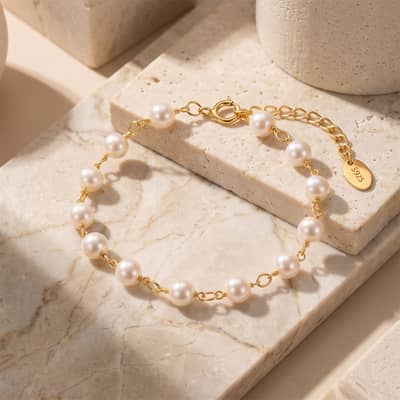 14K Gold Plated 925 Sterling Silver 5-6mm Natural Freshwater Pearl Adjustable Link Bracelet, Elegant detail 1
