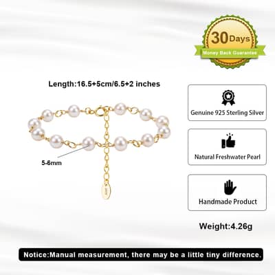 14K Gold Plated 925 Sterling Silver 5-6mm Natural Freshwater Pearl Adjustable Link Bracelet, Elegant detail 5