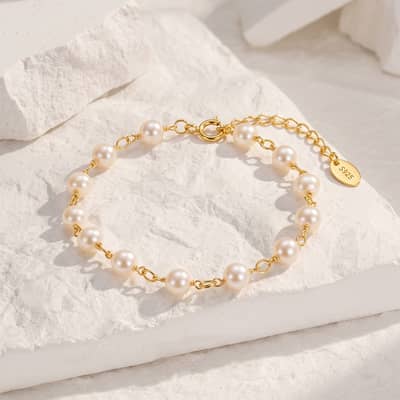 14K Gold Plated 925 Sterling Silver 5-6mm Natural Freshwater Pearl Adjustable Link Bracelet, Elegant detail 6