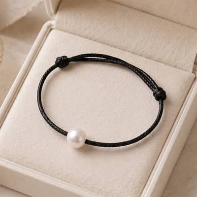 7-8mm Natural Freshwater Single Pearl Black Wax Rope Adjustable Minimalist Wrist Bracelet detail 1