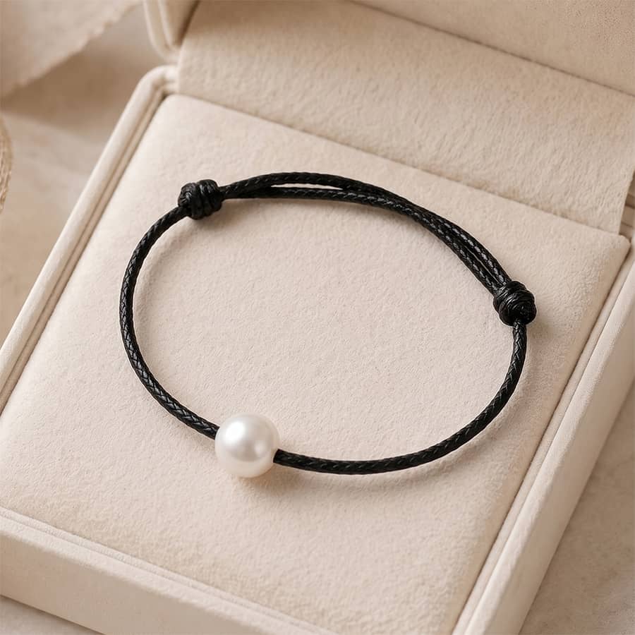 7-8mm Natural Freshwater Single Pearl Black Wax Rope Adjustable Minimalist Wrist Bracelet - main