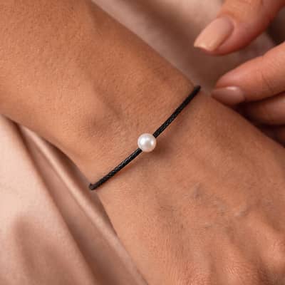7-8mm Natural Freshwater Single Pearl Black Wax Rope Adjustable Minimalist Wrist Bracelet detail 4