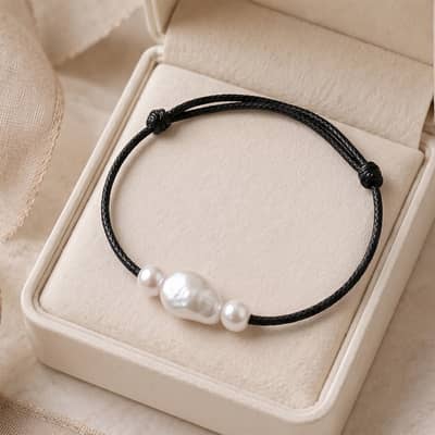 Adjustable Black Braided Rope Natural Freshwater Pearl Bracelet, Minimalist Casual Daily Wear detail 1