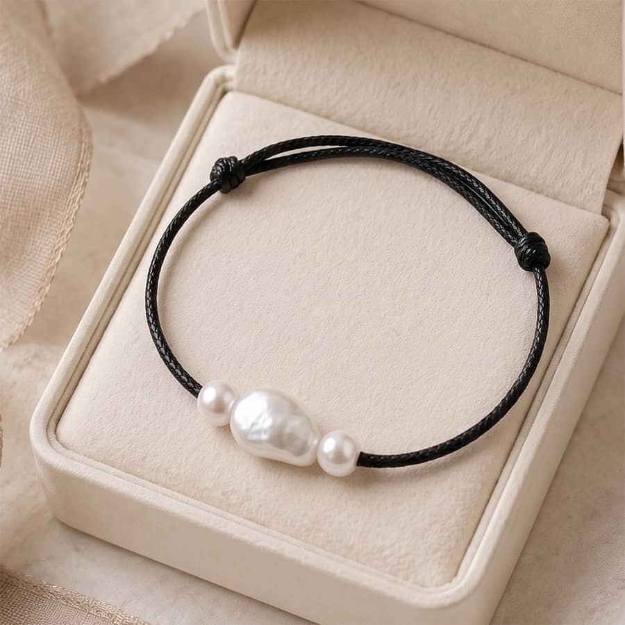 Adjustable Black Braided Rope Natural Freshwater Pearl Bracelet, Minimalist Casual Daily Wear - main
