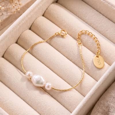 925 Sterling Silver 14K Gold Plated Baroque Freshwater Pearl Bamboo Chain Adjustable Bracelet detail 1