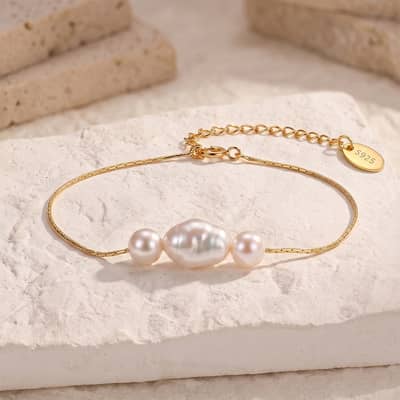 925 Sterling Silver 14K Gold Plated Baroque Freshwater Pearl Bamboo Chain Adjustable Bracelet detail 2