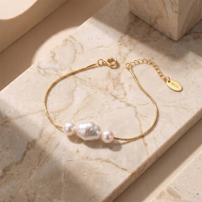 925 Sterling Silver 14K Gold Plated Baroque Freshwater Pearl Bamboo Chain Adjustable Bracelet detail 4