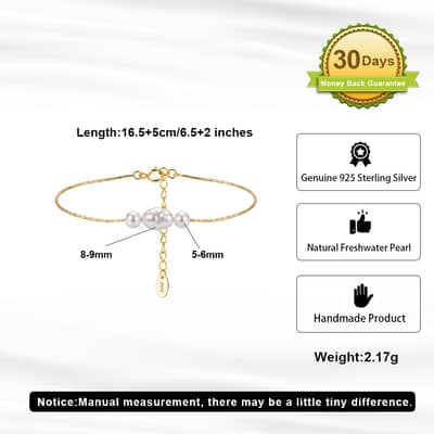 925 Sterling Silver 14K Gold Plated Baroque Freshwater Pearl Bamboo Chain Adjustable Bracelet detail 5