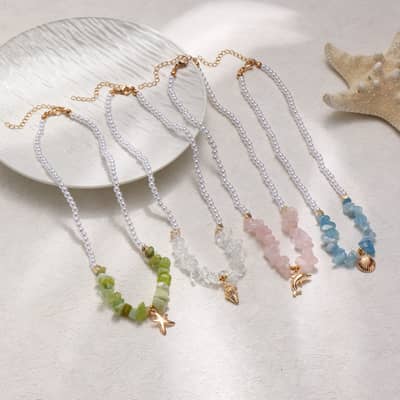 Fashion Mini Pearl Chain With Ocean Starfish Dolphin Shell Pendant Necklace Dainty Summer Vacation Natural Chip Stone Jewelry detail 1