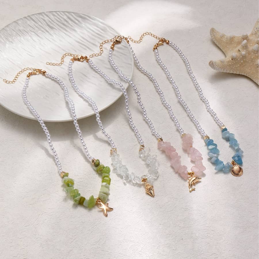 Fashion Mini Pearl Chain With Ocean Starfish Dolphin Shell Pendant Necklace Dainty Summer Vacation Natural Chip Stone Jewelry - main