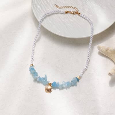 Fashion Mini Pearl Chain With Ocean Starfish Dolphin Shell Pendant Necklace Dainty Summer Vacation Natural Chip Stone Jewelry detail 3