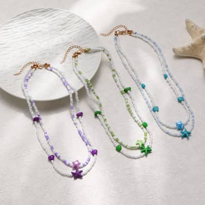 Summer Beach Waterproof 2 Layers Shiny Seed Bead Choker Fashion Ocean Starfish Heart Star Pendant Necklace detail 1