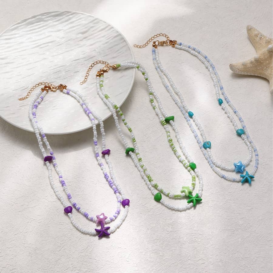 Summer Beach Waterproof 2 Layers Shiny Seed Bead Choker Fashion Ocean Starfish Heart Star Pendant Necklace - main