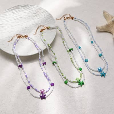 Summer Beach Waterproof 2 Layers Shiny Seed Bead Choker Fashion Ocean Starfish Heart Star Pendant Necklace detail 2