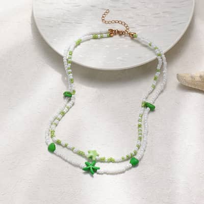 Summer Beach Waterproof 2 Layers Shiny Seed Bead Choker Fashion Ocean Starfish Heart Star Pendant Necklace detail 3