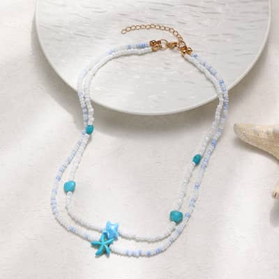 Summer Beach Waterproof 2 Layers Shiny Seed Bead Choker Fashion Ocean Starfish Heart Star Pendant Necklace detail 4