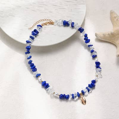 Fashion New Natural Irregular Blue Red Agate Pearl Beaded Choker Boho Handmade Gold Ocean Cowrie Seashell Charm Necklace detail 3