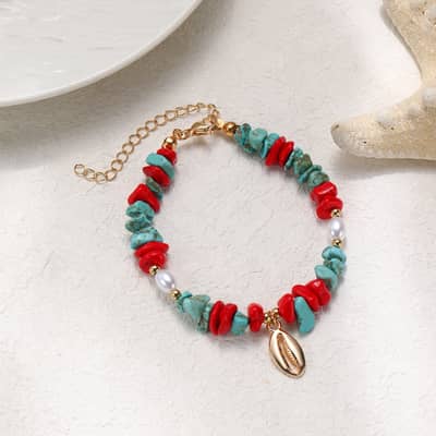 Fashion New Natural Irregular Blue Red Agate Pearl Beaded Choker Boho Handmade Gold Ocean Cowrie Seashell Charm Necklace detail 4