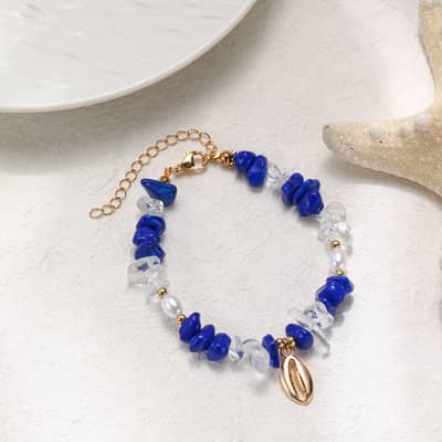 Fashion New Natural Irregular Blue Red Agate Pearl Beaded Choker Boho Handmade Gold Ocean Cowrie Seashell Charm Necklace detail 5