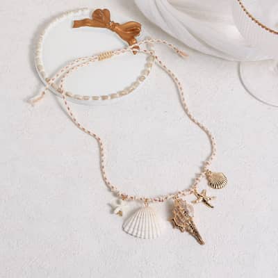 Fashion Waterproof Cotton String Ocean Sealife Choker With Big Gold Foiled Spiral Conch Scallop Shell Charm Necklace detail 3